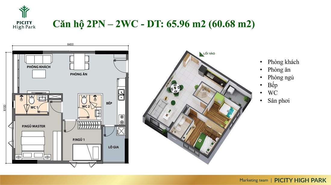 Thiết kế căn hộ 2 phòng ngủ - 2 nhà vệ sinh Picity Quận 12
