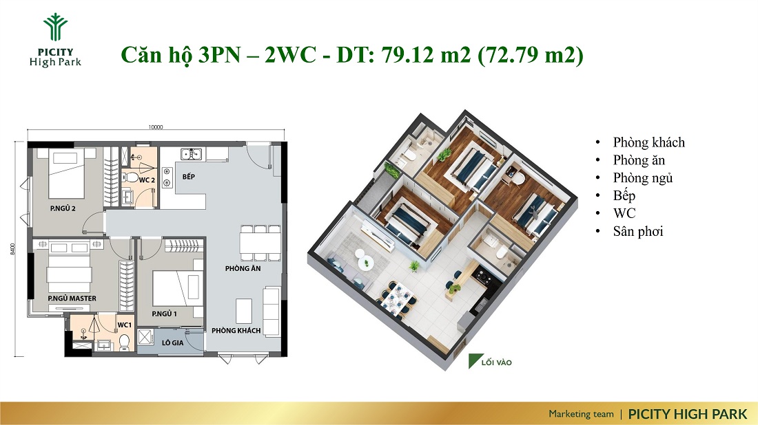 Thiết kế căn hộ 3 phòng ngủ - 2 nhà vệ sinh Picity Quận 12