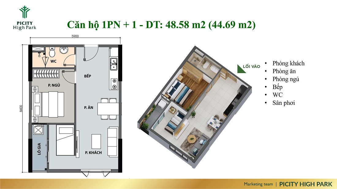 Thiết kế căn hộ 1 phòng ngủ - 1 nhà vệ sinh Picity Quận 12