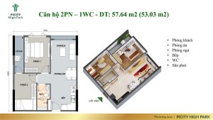 Thiết kế căn hộ 2 phòng ngủ - 1 nhà vệ sinh Picity Quận 12