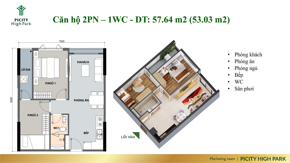 Thiết kế căn hộ 2 phòng ngủ - 1 nhà vệ sinh Picity Quận 12