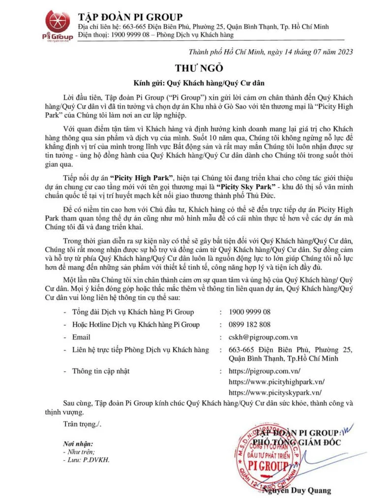 Thư ngỏ Tập đoàn PiGroup đến quý khách hàng đối tác