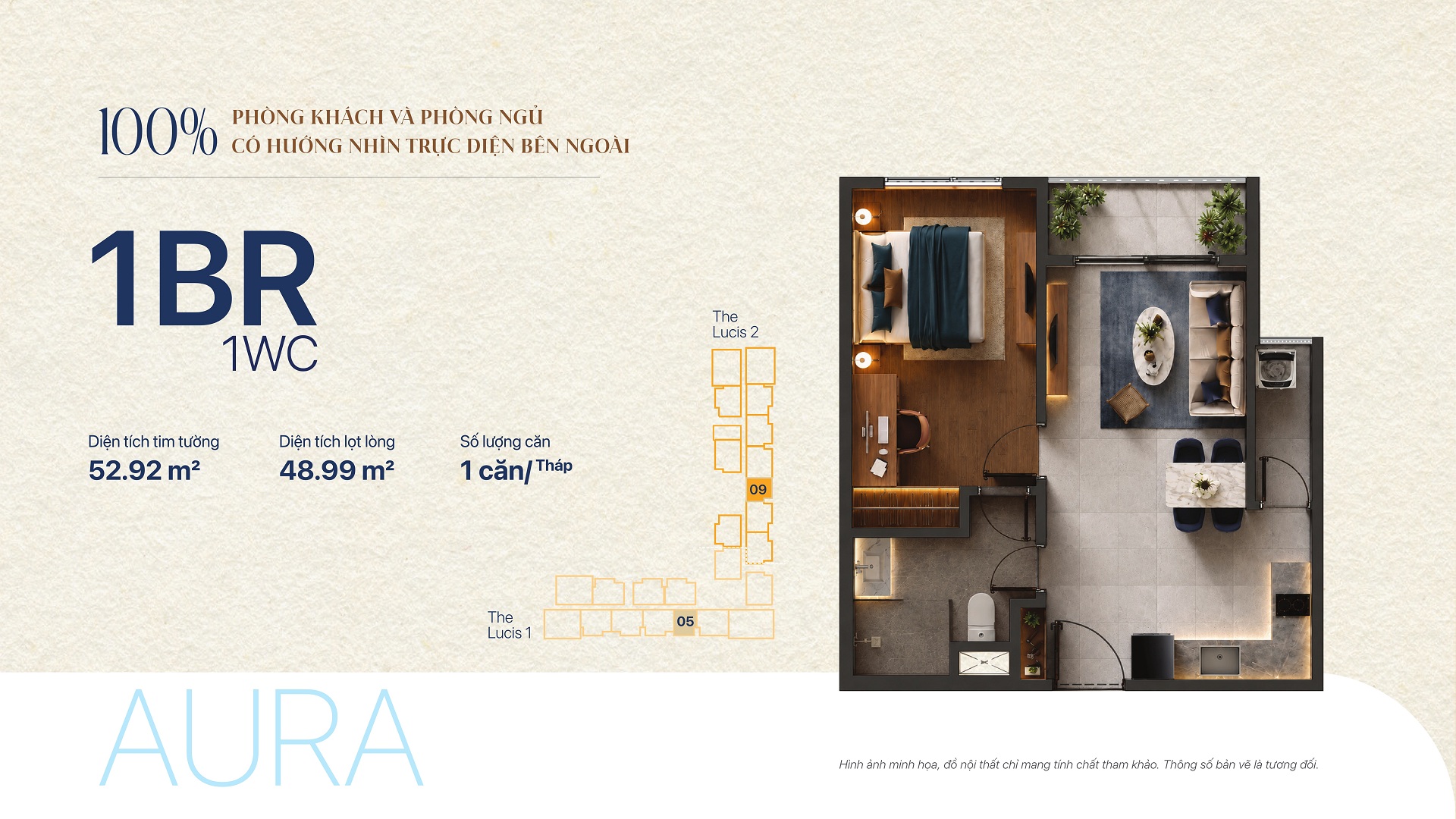 TT Genesis 59 Thiết kế 1PN 52.92m² tháp Lucis - TT Genesis