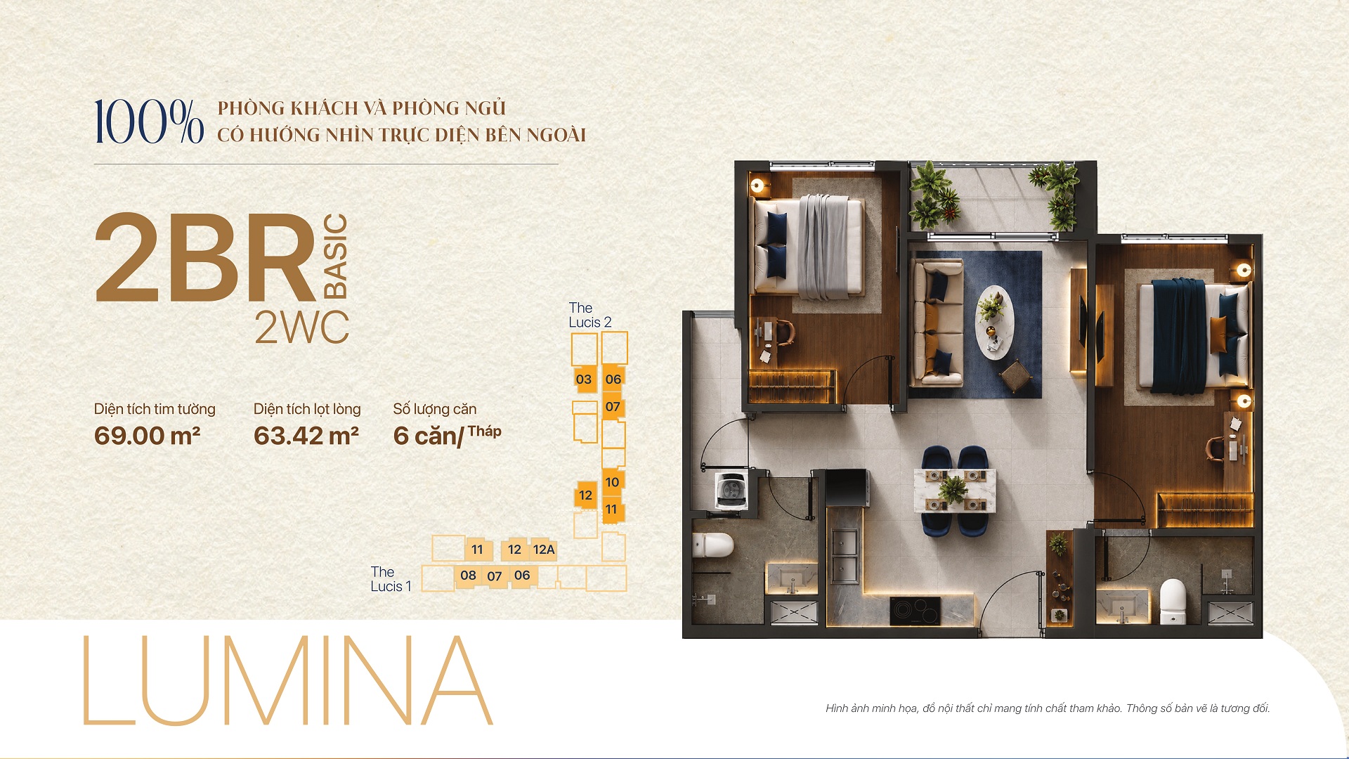 TT Genesis 60 Thiết kế 2PN 69m² tháp Lucis - TT Genesis