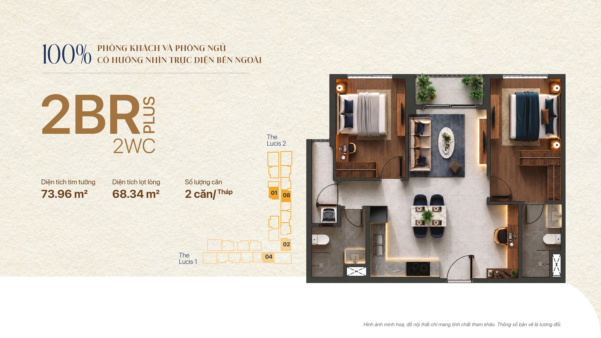 TT Genesis 62 Thiết kế 2PN 73.96m² tháp Lucis - TT Genesis